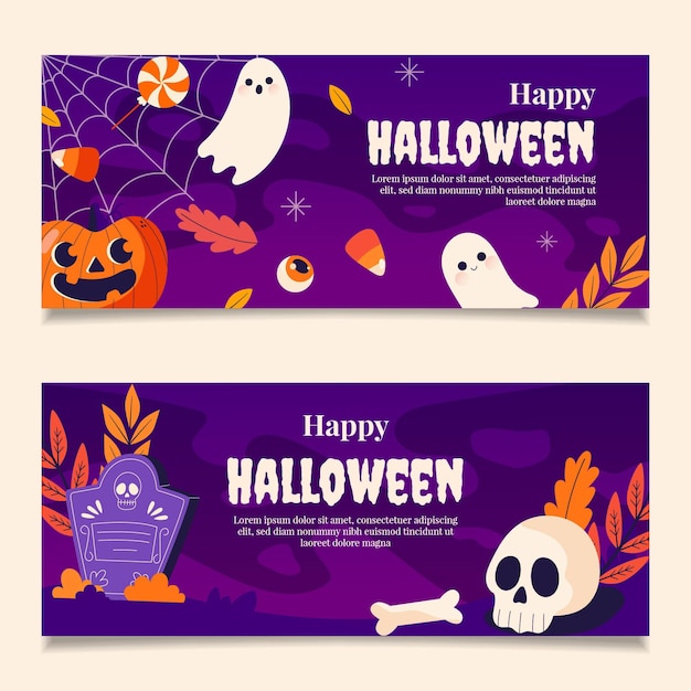 Set di banner di halloween orizzontali disegnati a mano