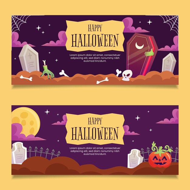 Hand drawn horizontal halloween banners set