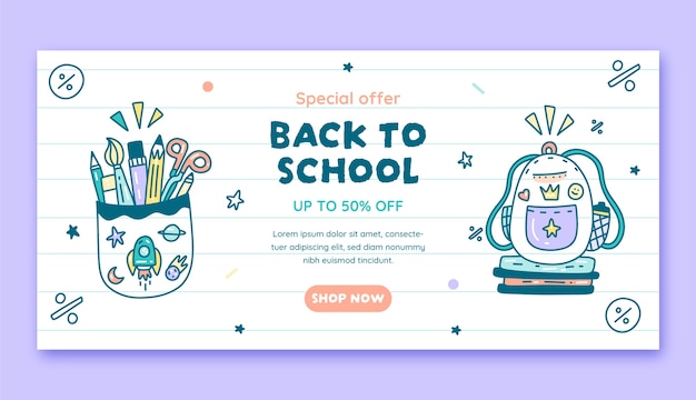 Hand drawn horizontal sale banner template for back to school season