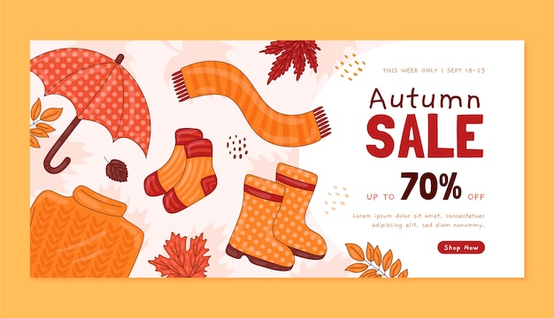 Free vector hand drawn horizontal sale banner template for fall season