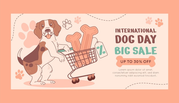 Vettore gratuito modello di banner di vendita orizzontale disegnato a mano per la celebrazione della giornata internazionale del cane