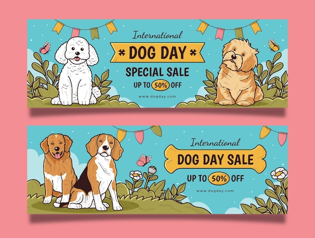 Free vector hand drawn horizontal sale banner template for international dog day celebration