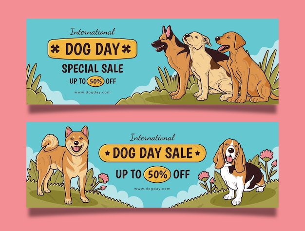 Free vector hand drawn horizontal sale banner template for international dog day celebration