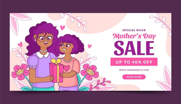 Hand drawn horizontal sale banner template for mother's day celebration