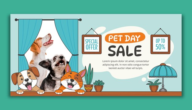 Hand drawn horizontal sale banner template for national pet day with animals