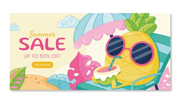 Hand drawn horizontal sale banner template for summertime