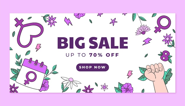 Hand drawn horizontal sale banner template for women's day celebration