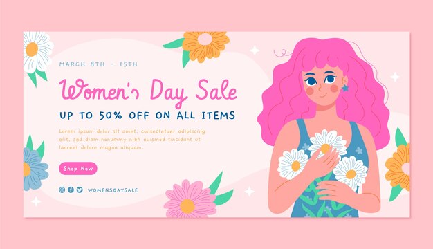 Free vector hand drawn horizontal sale banner template for women's day celebration