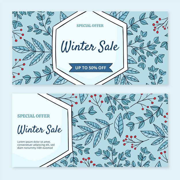 Hand drawn horizontal winter sale banners set