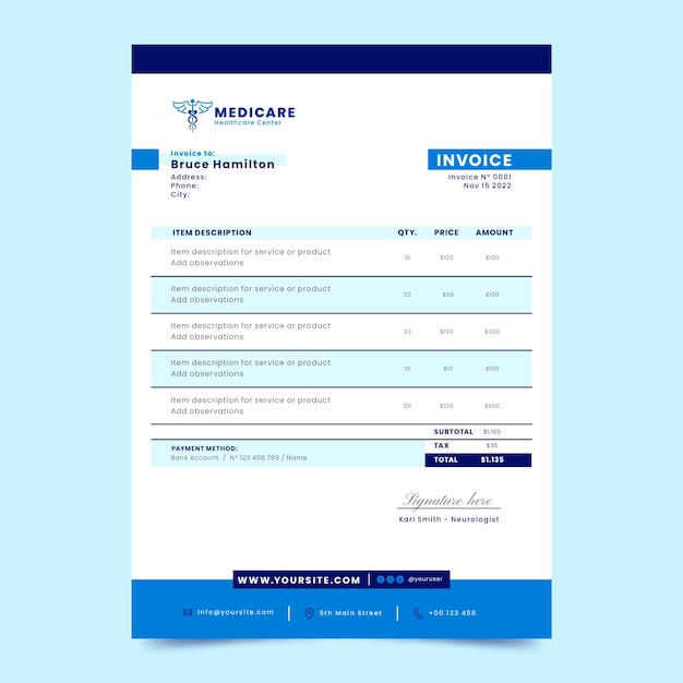 Free vector hand drawn hospital care invoice template