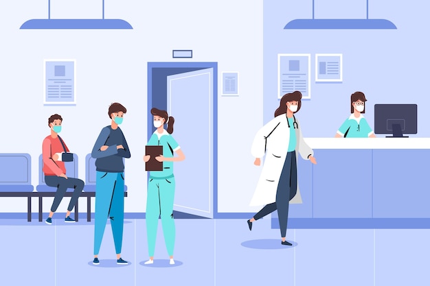 Нарисованная рукой сцена приема больницы с людьми в медицинских масках