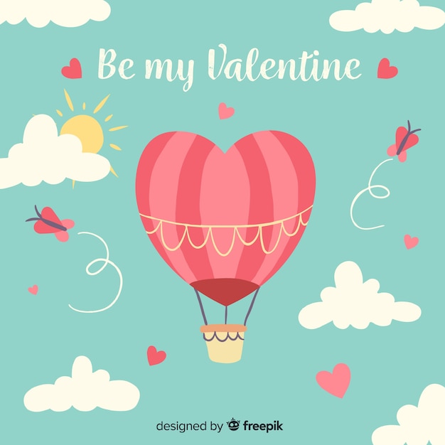 Free vector hand drawn hot air balloon heart background