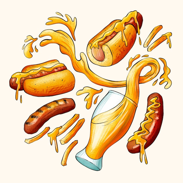 Vettore gratuito hot dog e birra disegnati a mano