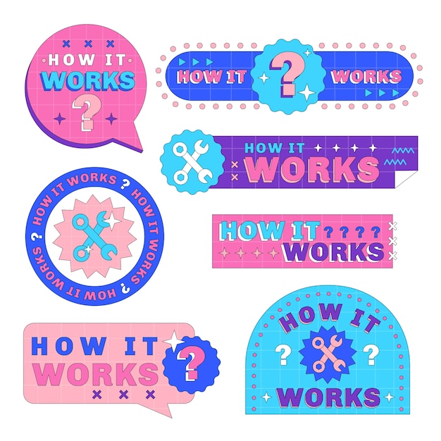 Hand drawn how it works badges set