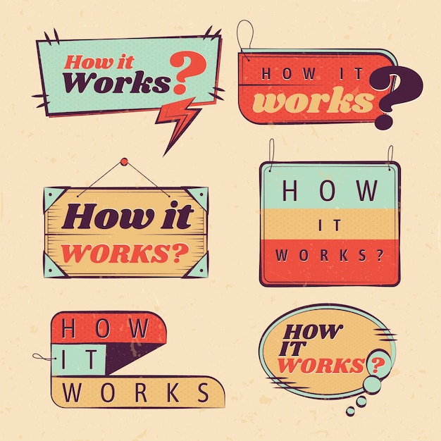 Free vector hand drawn how it works label set