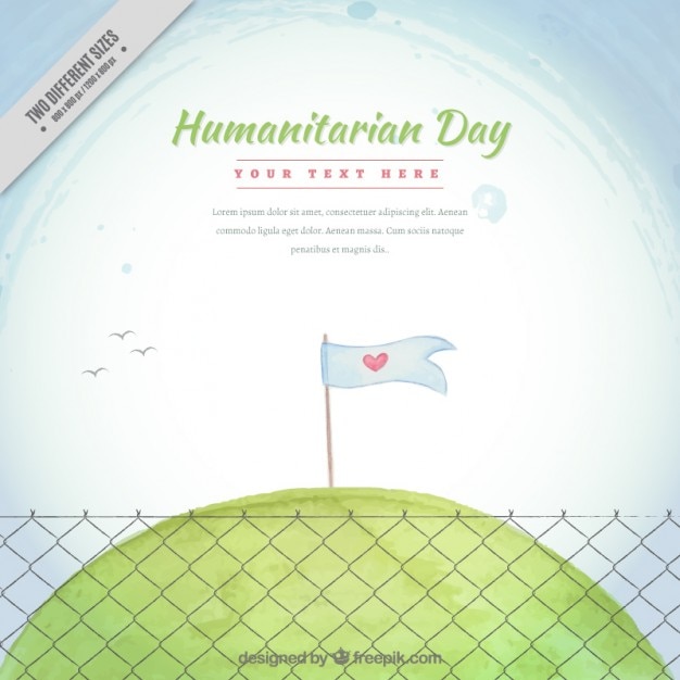 Hand drawn humanitarian day background with a peace flag in a meadow