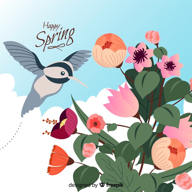 Hand drawn hummingbird spring background