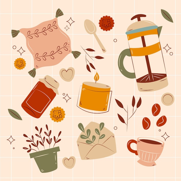 Free vector hand drawn hygge stickers collection