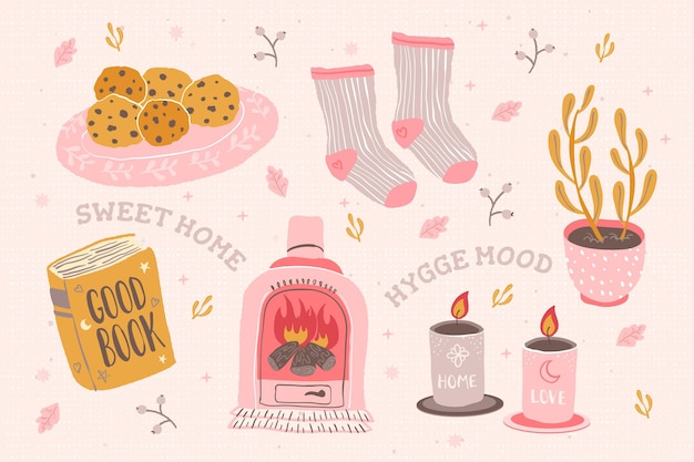 Free vector hand drawn hygge stickers