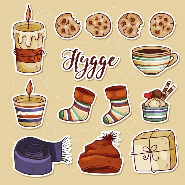 Free vector hand drawn hygge stickers