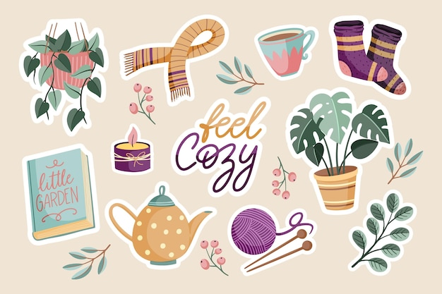 Free vector hand drawn hygge stickers