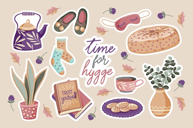 Free vector hand drawn hygge stickers