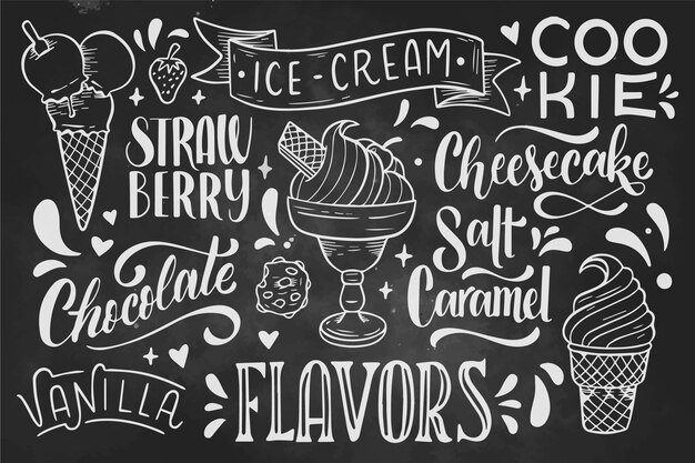 Hand drawn ice cream blackboard lettering