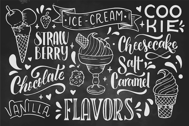 Hand drawn ice cream blackboard lettering