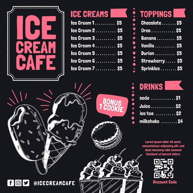 Hand drawn ice cream blackboard menu template