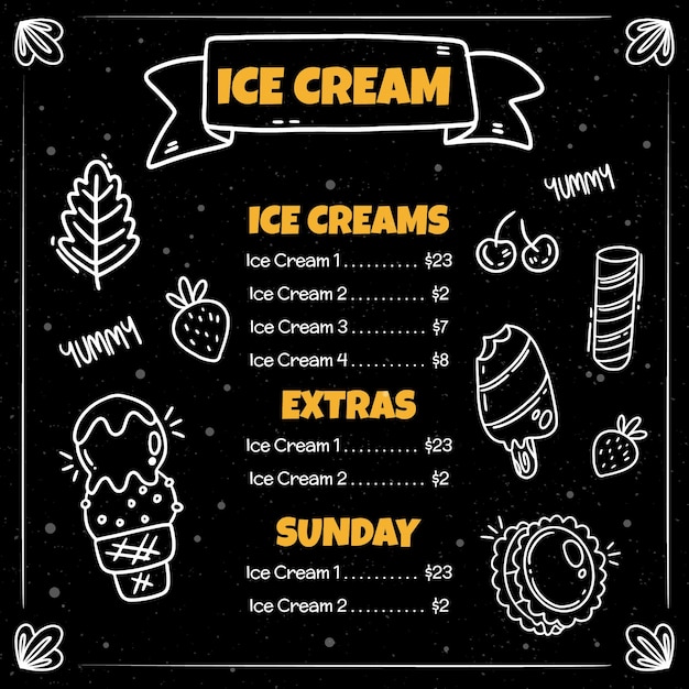 Hand drawn ice cream blackboard menu template