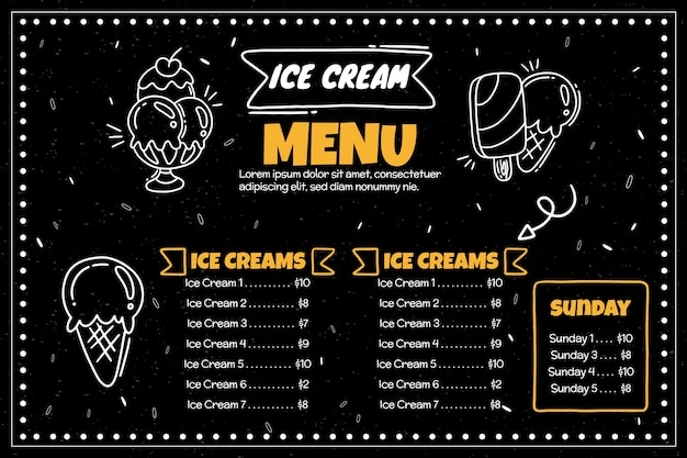 Vettore gratuito modello di menu lavagna gelato disegnato a mano