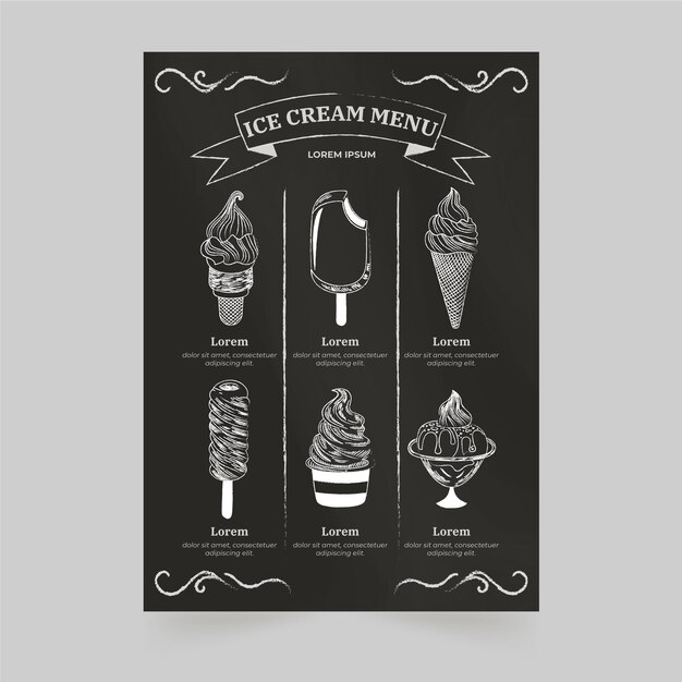 Нарисованный рукой шаблон меню доски мороженого