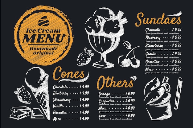 Modello di menu lavagna gelato disegnato a mano