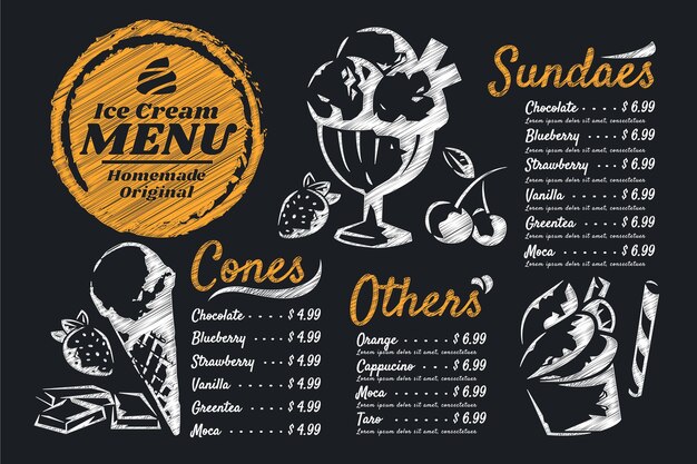 Hand drawn ice cream blackboard menu template