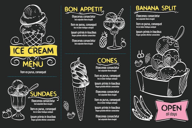 Vettore gratuito modello di menu lavagna gelato disegnato a mano