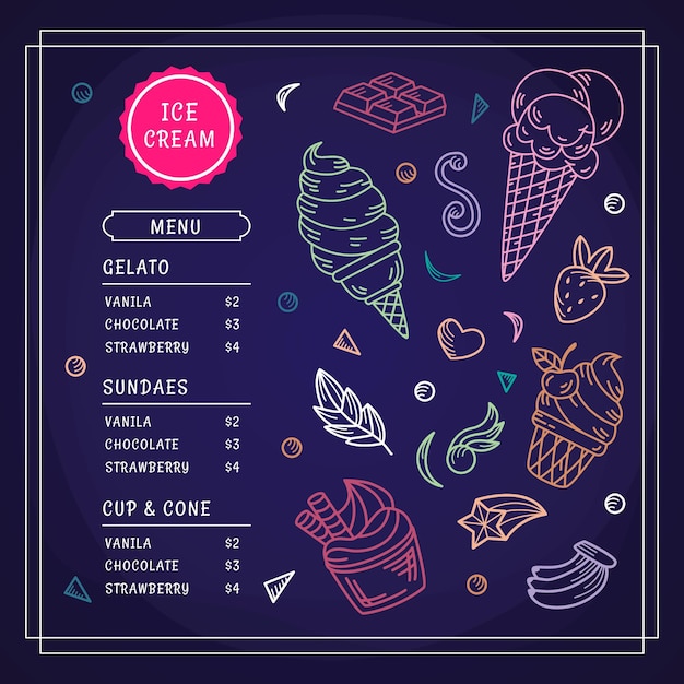 Modello di menu lavagna gelato disegnato a mano