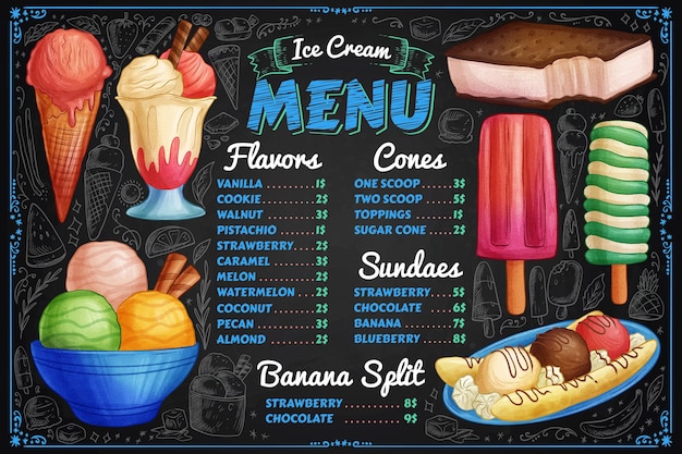 Vettore gratuito modello di menu lavagna gelato disegnato a mano