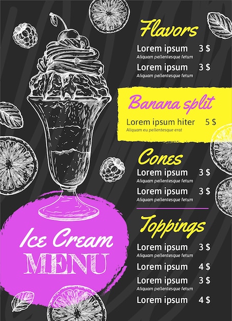 Free vector hand drawn ice cream blackboard menu template