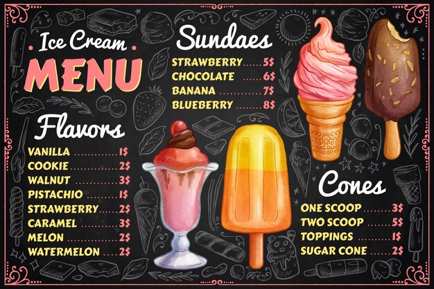 Рисованное меню доски мороженого