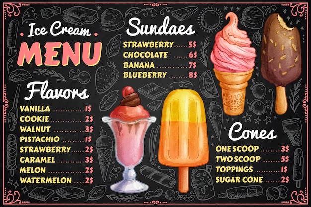 Hand drawn ice cream blackboard menu