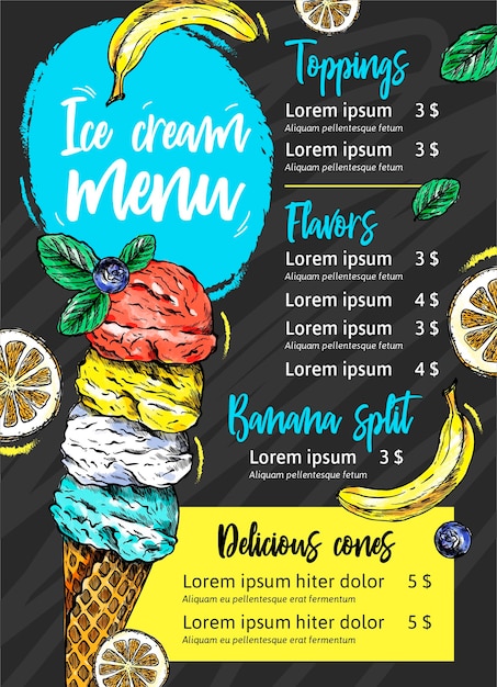 Menu lavagna gelato disegnato a mano