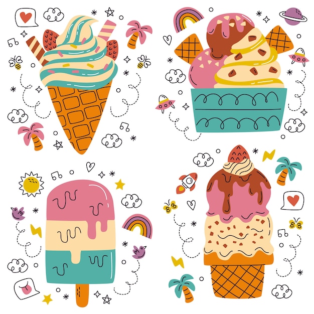 Vettore gratuito insieme di doodle di gelato disegnato a mano