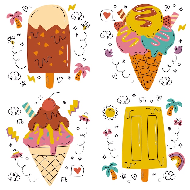 Free vector hand drawn ice cream doodle set