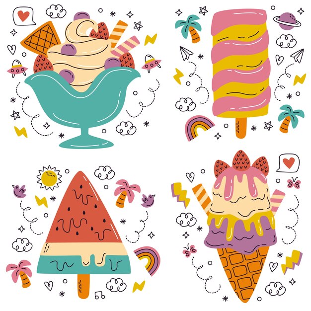 Hand drawn ice cream doodle set