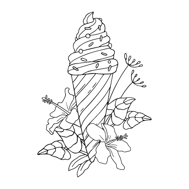花のイラストと手描きのアイスクリーム