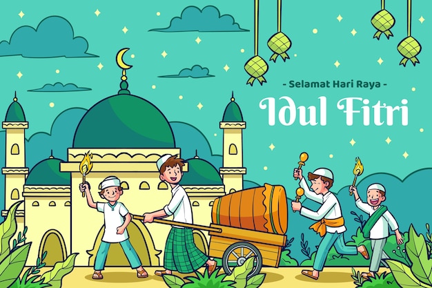 무료 벡터 손으로 그린 idul fitri 배경