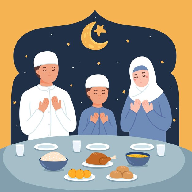 Hand drawn iftar illustration with people having a meal