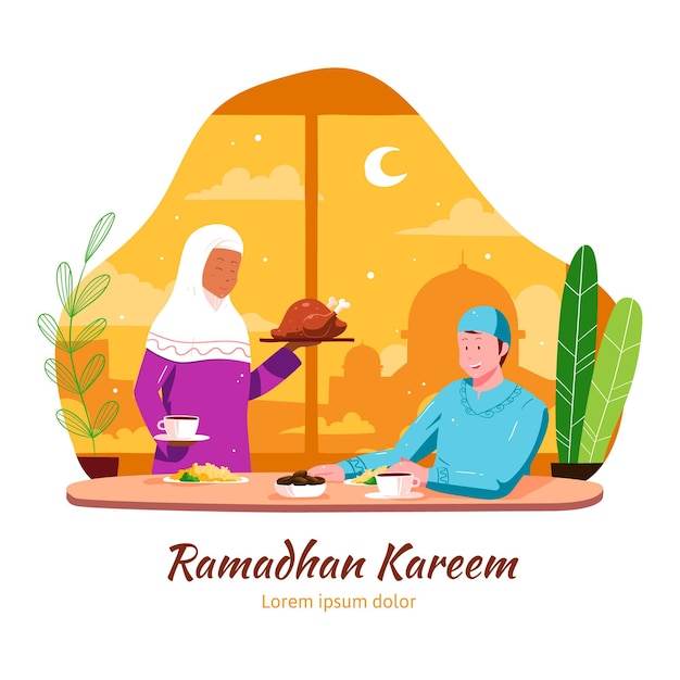 무료 벡터 사람들과 손으로 그린 iftar 그림