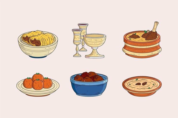 Free Vector hand drawn iftar meal elements collection