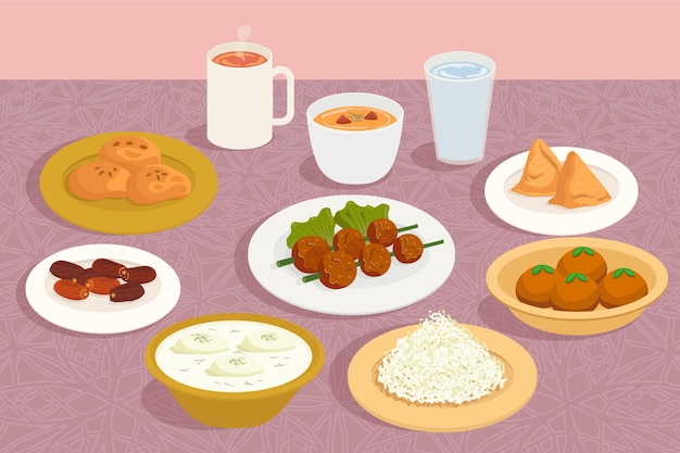 Illustrazione di pasto iftar disegnato a mano